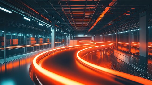 Automated warehouse with glowing conveyor belt transporting packages