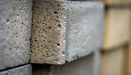 Close Up Textured Concrete Blocks Stacked Against Blurred Background Showing Selective Focus