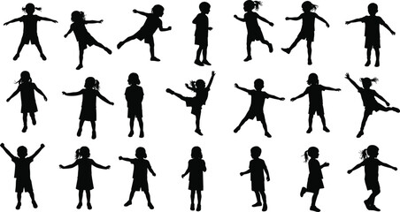 PrintChildren silhouette set, playful kid poses, black vector illustration, dynamic movement, jumping dancing running, minimal design, childhood activity graphic
