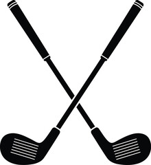 Crossed Golf Clubs Silhouette Featuring Iron Club Design with Grooved Faces and Gripped Handles in Minimalist Black Sports Icon Style