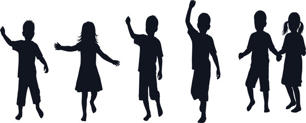 PrintChildren silhouettes, playful poses, kids dancing, black figures, childhood joy, outdoor fun, celebration, movement, casual clothing, happy moments, vector illustration