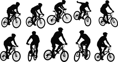 Fototapeta premium Dynamic Bicycle Silhouettes Showcasing Diverse Riding Styles, Postures, and Motion Across Road and Mountain Bikes in Minimalist Black Illustration Format