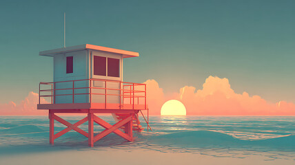 Serene beach lifeguard tower at sunset over the tranquil ocean