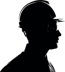 Worker silhouette profile with hard hat and safety glasses. Construction industry professional icon, isolated on white background for copy space.