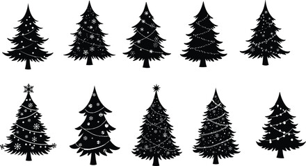 Fototapeta premium PrintCollection of Christmas tree silhouettes, festive pine tree designs with decorations, winter holiday elements, black vector illustration on white background, seasonal art