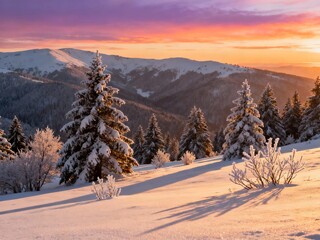 Snow-covered pine trees on a mountain slope during a colorful sunrise