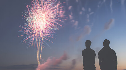 Silhouettes of two people watching fireworks against a twilight sky