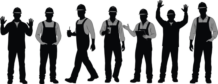 PrintConstruction worker silhouettes, hard hat men, industrial labor poses, safety gear, black vector illustration, job site crew, occupational icons