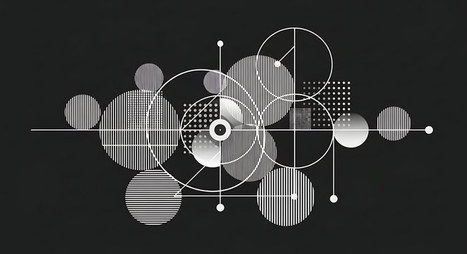 Abstract geometric composition with white lines and circles on a dark background - Powered by Adobe