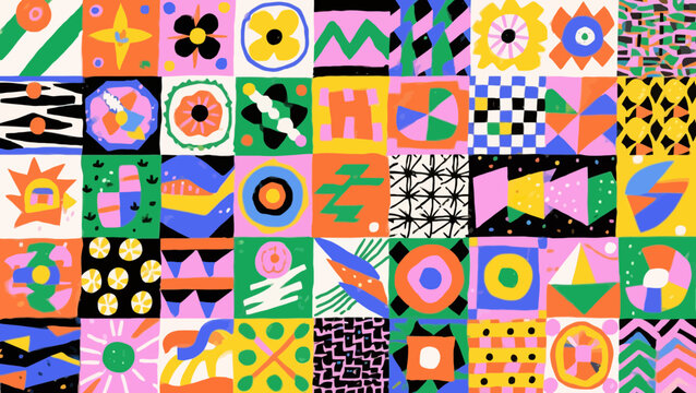Colorful abstract geometric tile pattern illustration featuring various shapes and vibrant hues