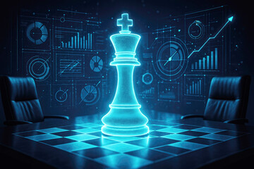 Glowing blue chess king on a chessboard with financial data visualizations in a boardroom artificial intelligence