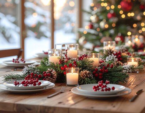 Festive dining table setting with a candlelit centerpiece for christmas and new year holidays celebration at home
