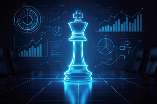 Glowing blue chess king on a digital grid with financial data visualizations in a dark room artificial intelligence