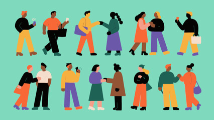 Illustration of diverse people interacting, walking, and using devices on a turquoise background © Zhara