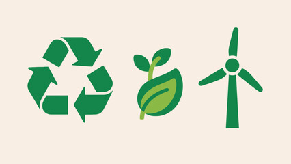 Green environmental icons including recycling symbol, plant, and wind turbine on neutral background