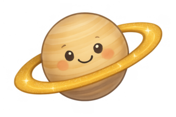 Cute smiling saturn planet character illustration with glittering rings, happy space symbol for education and children's designs