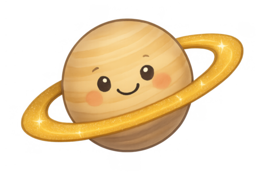 Cute smiling saturn planet character illustration with glittering rings, happy space symbol for education and children's designs