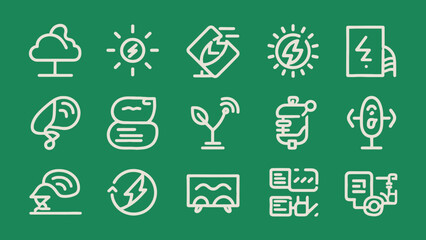 A collection of simple line art icons representing environmental concepts and sustainable energy sources