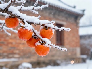 Snow-covered persimmon fruits hanging on a branch in front of a traditional brick building during winter