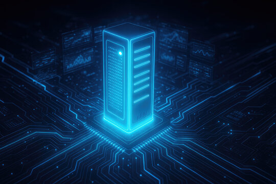 Glowing blue server tower on a digital circuit board with data charts computer center