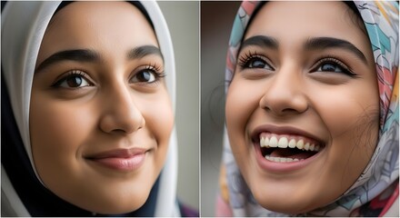 Close-up portraits of two smiling young women wearing headscarves, showcasing happiness and confidence with natural expressions and vibrant eye contact
