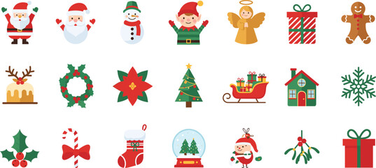 Obraz premium Large Collection of Flat Christmas and Winter Holiday Icons Set, Including Santa Claus, Snowman, Christmas Tree, Gifts, and Decorations Vector Illustration