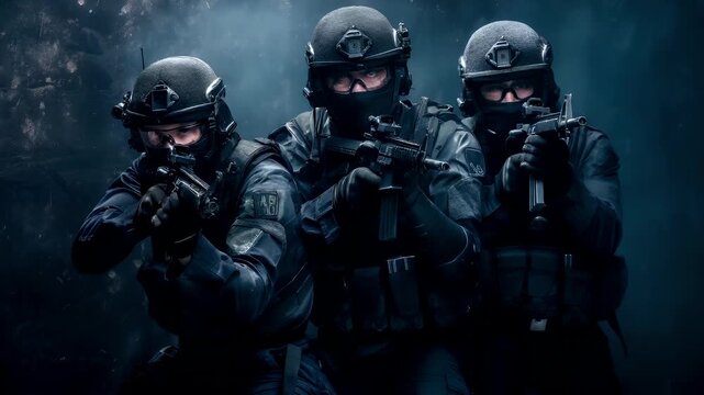A highresolution, actionpacked scene featuring a group of soldiers in tactical gear, set against a dark, smoky backdrop. The soldiers are equipped with modern firearms.