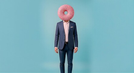 Playful surreal artwork of a man in an elegant suit with a big pink frosted donut replacing his head. Combines humor, creativity, and pop-art vibes while exploring identity and modern visual