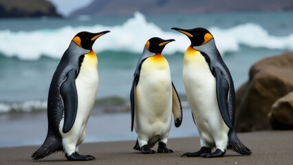 Fototapeta premium Three penguins standing on a beach next to the ocean, a fun and playful scene