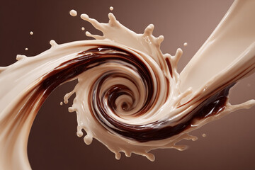 A beautiful blend of creamy milk and rich chocolate creating an elegant swirling splash with droplets