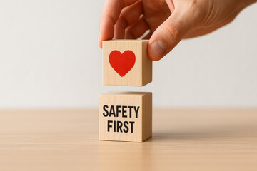 Hand stacking wooden blocks with a red heart symbol on top of a block with "SAFETY FIRST" text