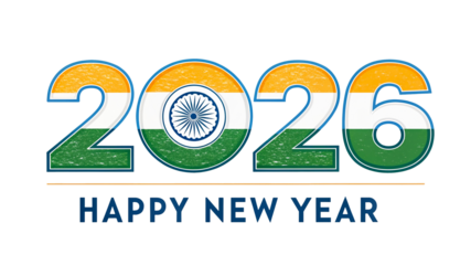 Happy New Year 2026 Celebration: A Creative Design Greeting Embracing Indian Culture with Vibrant Indian Flag Colors and Festive Spirit on Transparent Background.