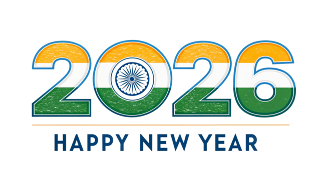 Happy New Year 2026 Celebration: A Creative Design Greeting Embracing Indian Culture with Vibrant Indian Flag Colors and Festive Spirit on Transparent Background.