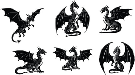 PrintDragon silhouette illustration, fantasy creature vector, mythical beast icon, flying dragon graphic, medieval monster design, winged reptile art, mythology symbol © Rakib 