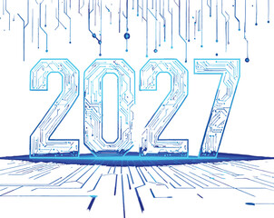 Futuristic digital circuit board design for the year 2027, symbolizing technological advancement and future innovation