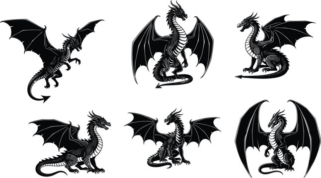 PrintDragon silhouette illustration, fantasy creature vector, mythical beast icon, flying dragon graphic, medieval monster design, winged reptile art, mythology symbol