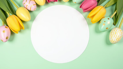 Brightly colored tulips and decorative eggs surround blank circular space, creating cheerful and festive atmosphere perfect for spring