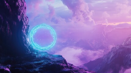 Fototapeta premium Glowing ring portal in a fantasy mountain landscape
