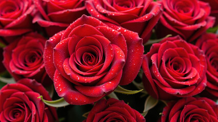 Vibrant red roses with dew drops create romantic and fresh atmosphere, perfect for expressing love and affection