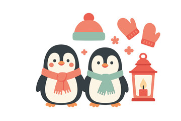 Two cute penguins wearing scarves, beanies, mittens, and holding a glowing lantern