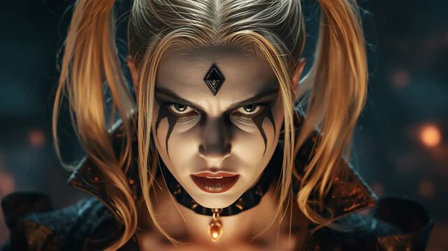 Enigmatic woman with striking makeup and intense gaze creates suspenseful mood