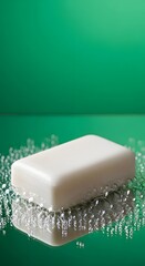 A white rectangular bar of soap resting on a reflective surface with water droplets and bubbles, set against a vibrant green background, creating a fresh and clean aesthetic