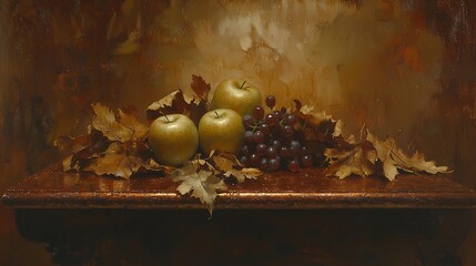 Warm rustic setup showcasing apples, grapes, and dry leaves on metallic copper tone