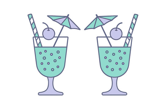 Two refreshing tropical cocktails in stemmed glasses with cherries, straws, and decorative umbrellas