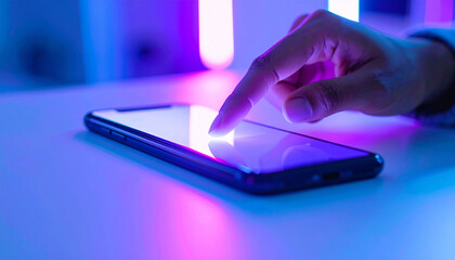 Female hand touching smartphone screen with futuristic interface