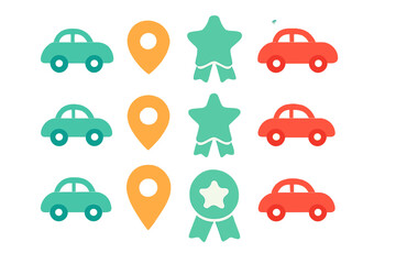 Seamless pattern of stylized cars location pins and award badges in bright colors