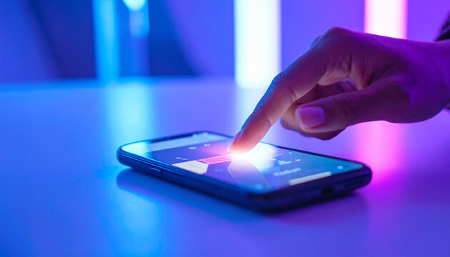 Female hand touching smartphone screen with futuristic interface