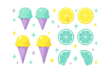 Seamless pattern of bright pastel ice cream cones and fresh citrus fruit slices with sparkling stars