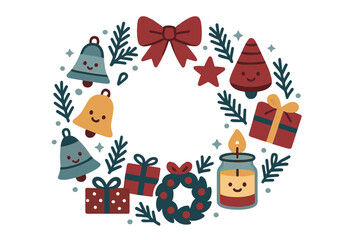 Cute smiling Christmas wreath arrangement with festive elements and winter greenery