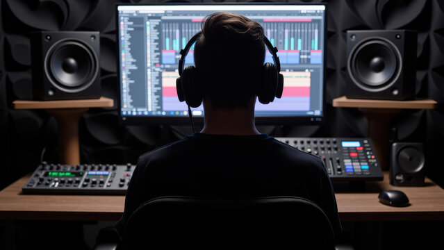Creating music in studio with headphones, computer, and audio equipment. atmosphere is focused and creative, perfect for sound production